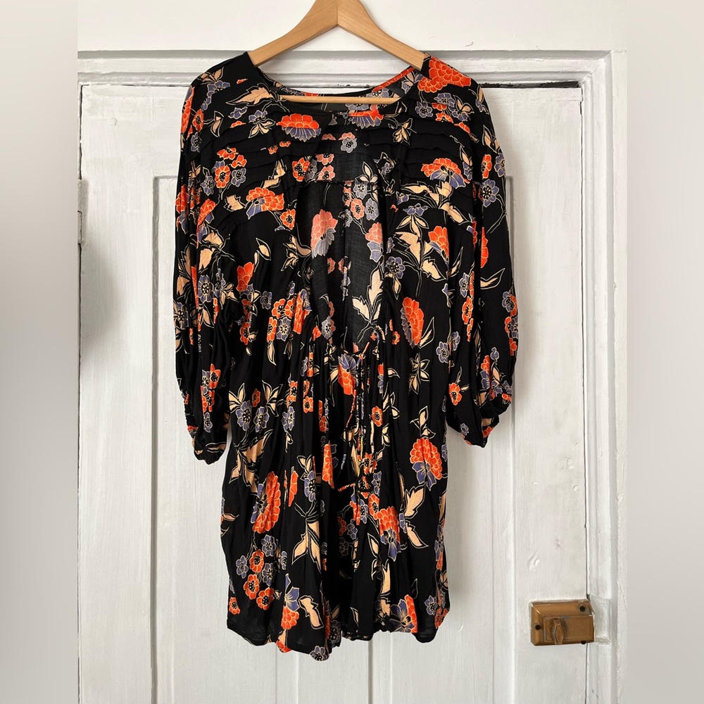 Free People Black Floral Print Tunic Mini Dress Open Back Size XL - Picture 2 of 4